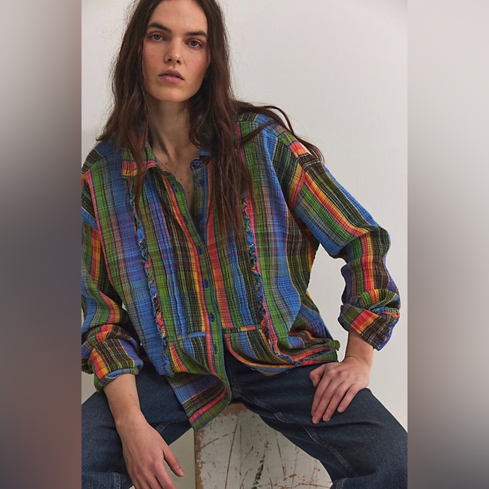 Free People We The Free Madras Button-Down Top - Blue Combo NWT Small